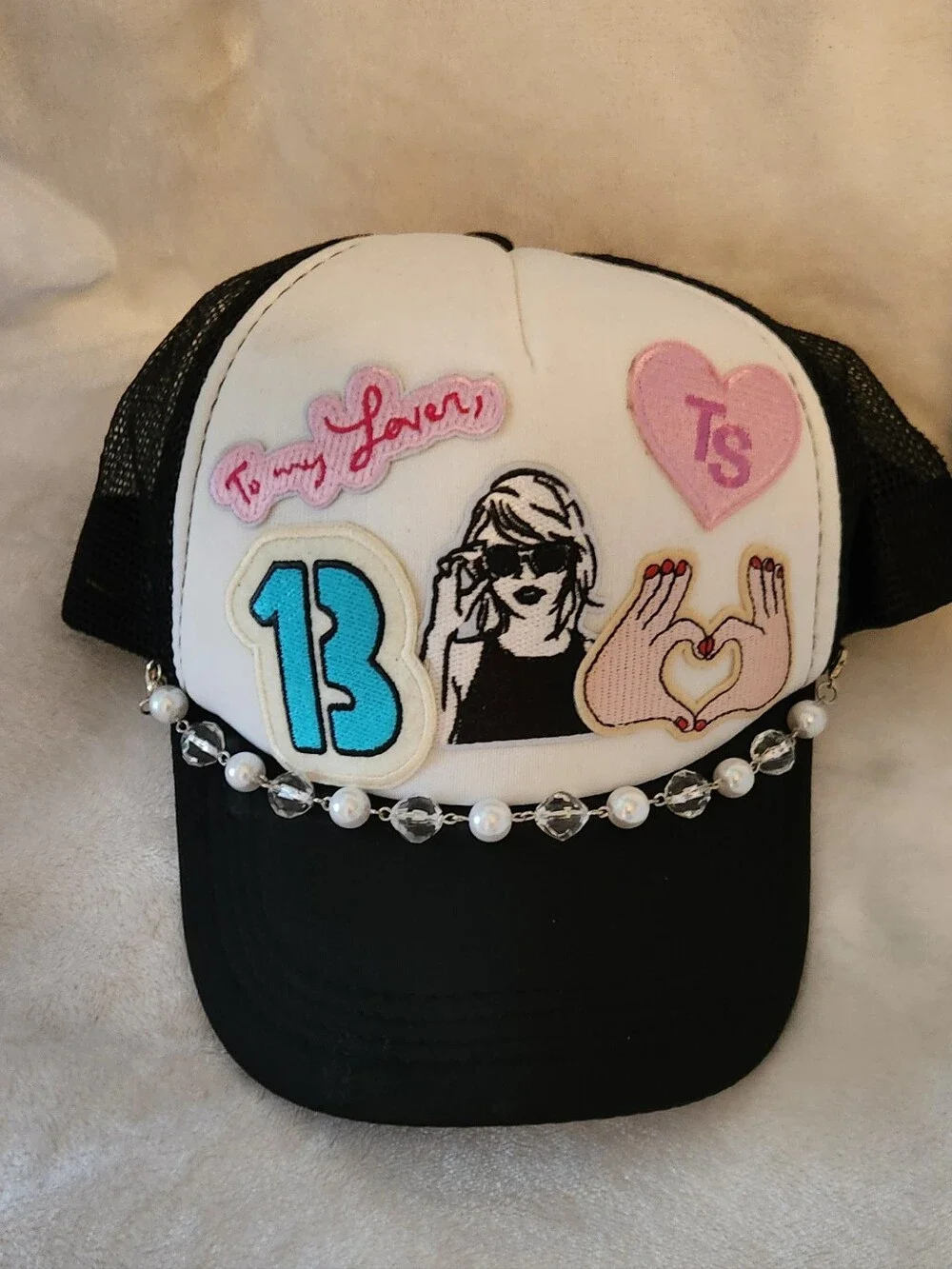 Kids Taylor Swift Black & White Trucker Hat with Pink and Blue Patch Accents